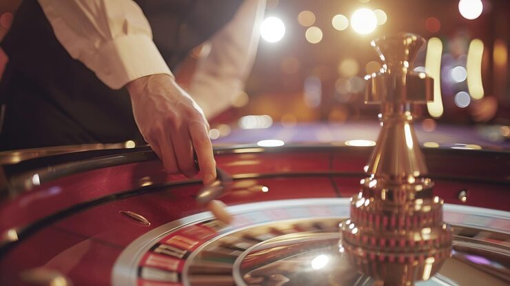 Live roulette wheel with ball in motion